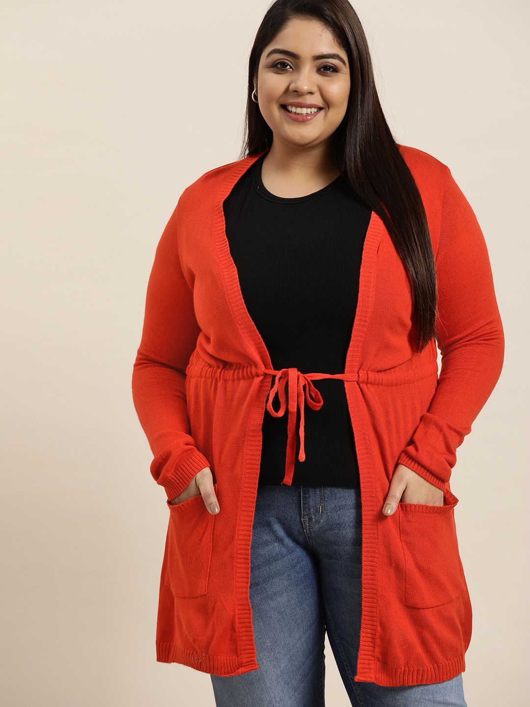 Sztori Women Plus Size Rust Orange Solid Longline Sweater Price in India