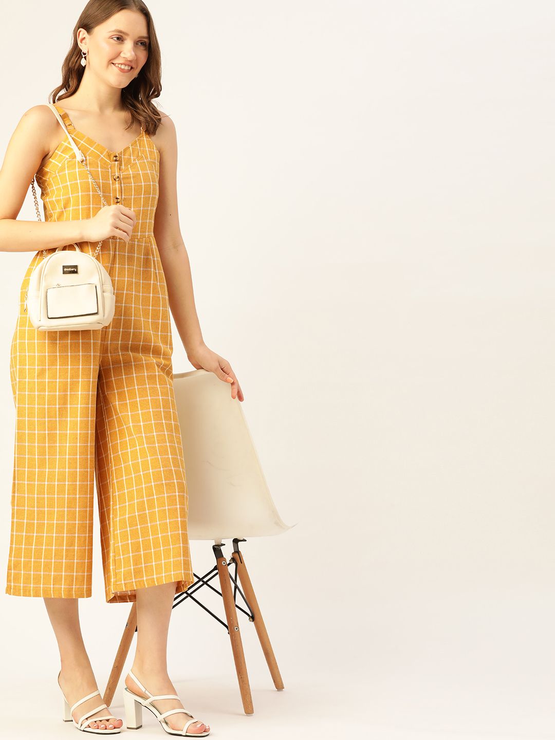 DressBerry Mustard Yellow & Off White Pure Cotton Checked Culotte Jumpsuit Price in India