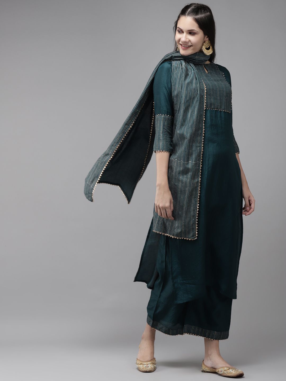 Indo Era Women Teal Green & Golden Yoke Design Kurta with Palazzos & With Dupatta Price in India