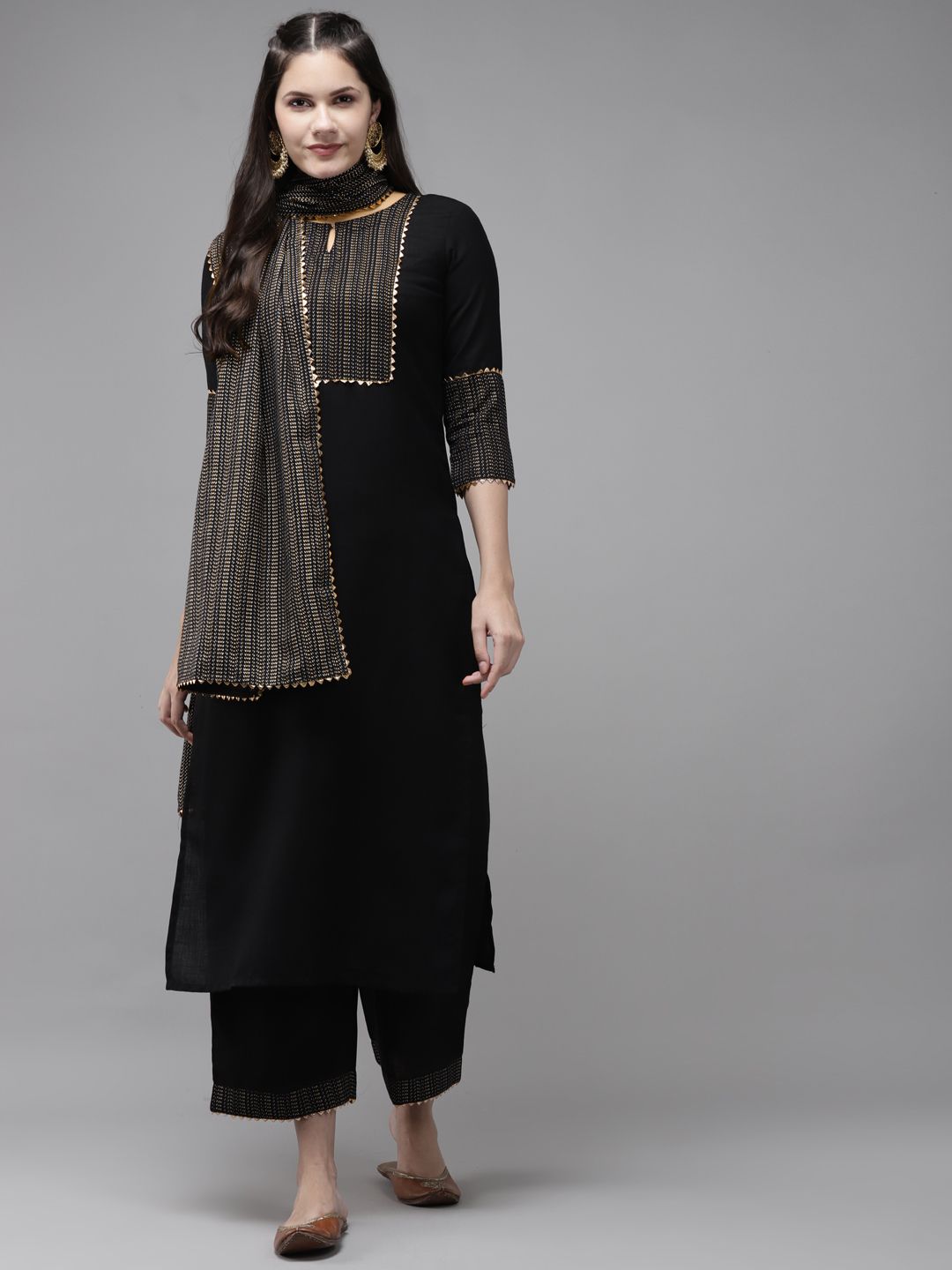 Indo Era Women Black & Golden Ethnic Motifs Yoke Design Kurta with Palazzos & With Dupatta