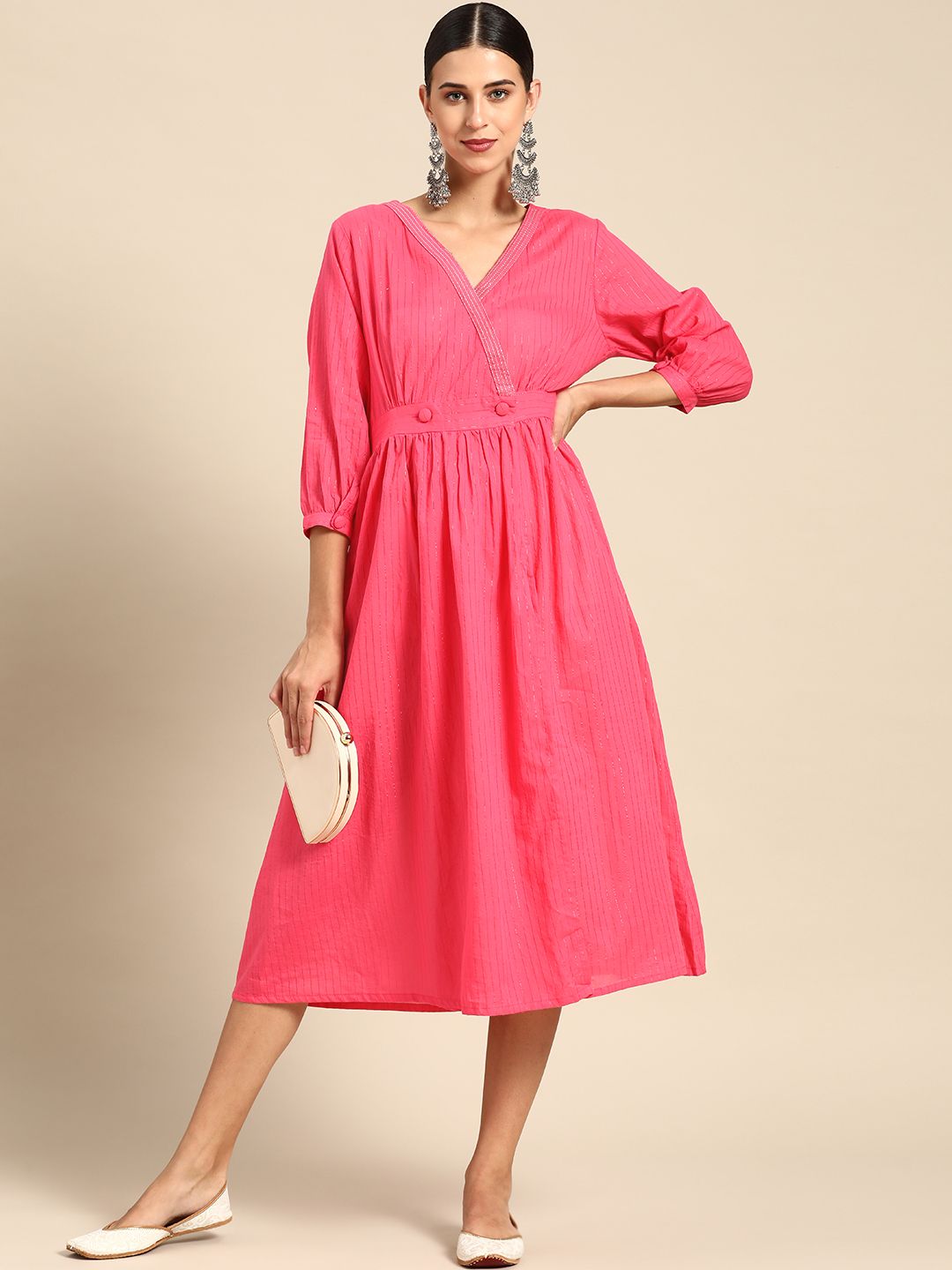 Anouk Pink & Golden Pure Cotton Striped Ethnic Midi Dress Price in India