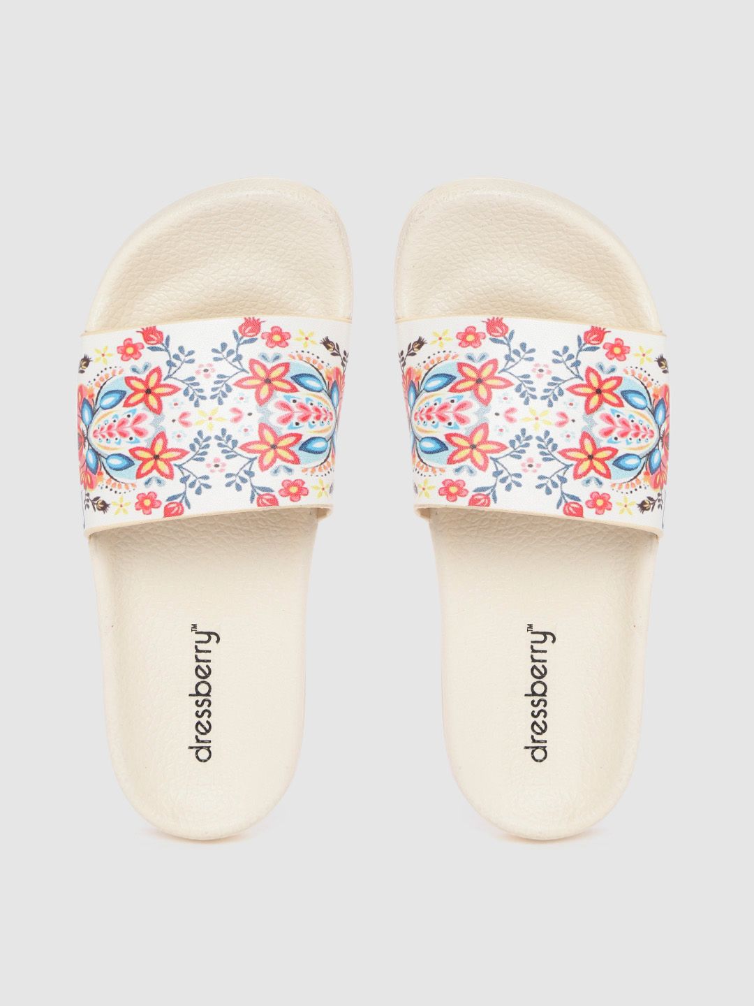 DressBerry Women White & Red Floral Print Sliders Price in India