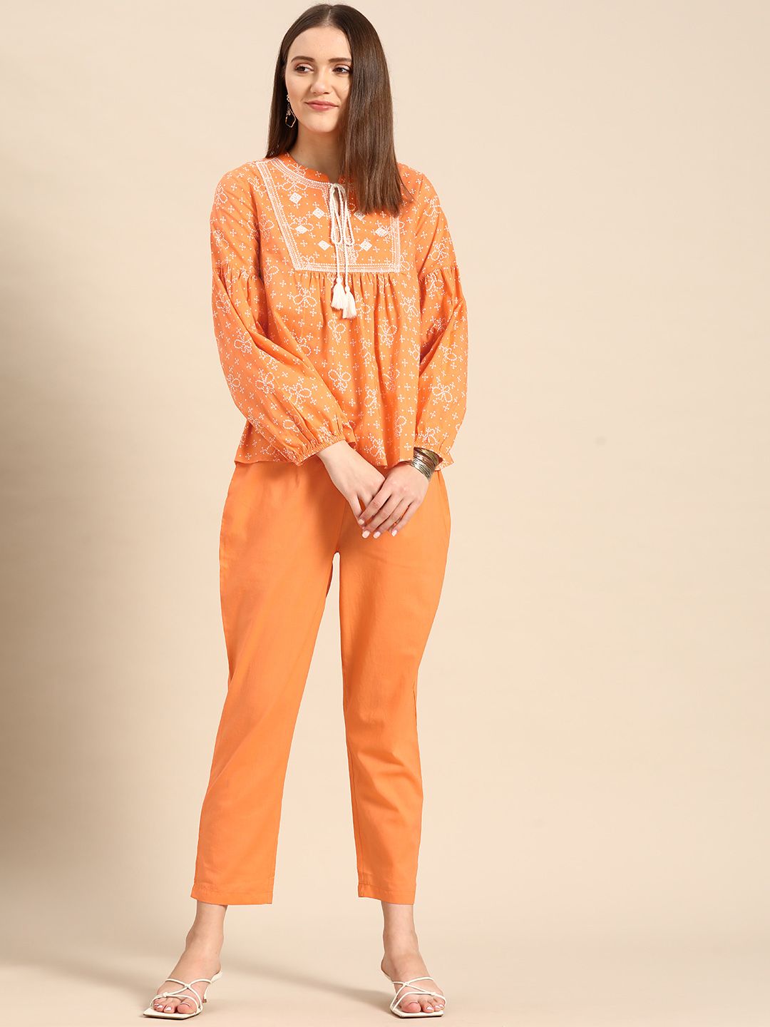 Anouk Women Orange & Off White Bandhani Printed Empire Pure Cotton Top with Trousers Price in India