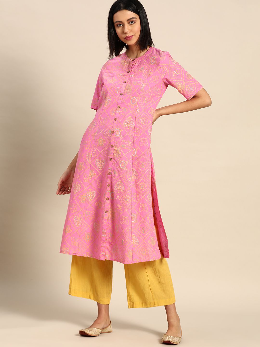 Anouk Women Pink & Yellow Pure Cotton Ethnic Printed Kurta Price in India