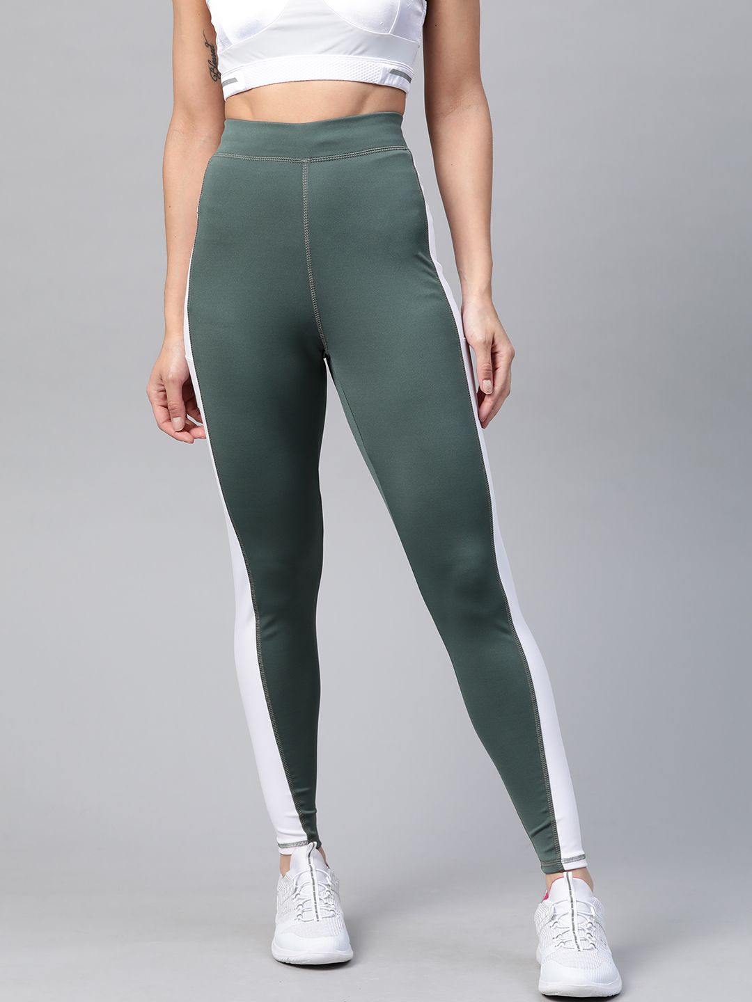 M7 by Metronaut Women Green & White Colourblocked High-Rise Solid Training Tights Price in India