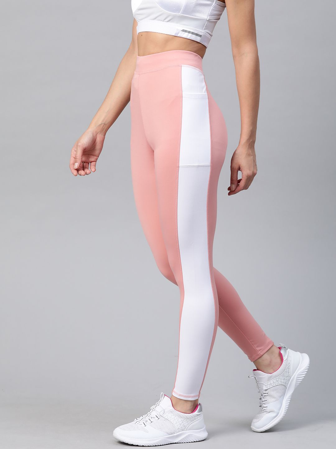 M7 by Metronaut Women Pink & White Colourblocked High-Rise Solid Training Tights Price in India