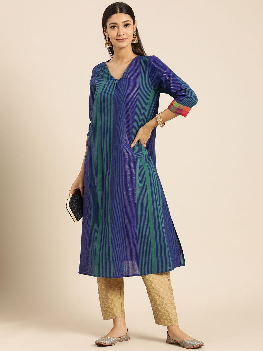 Anouk Women Navy Blue & Green Striped Kurta Price in India