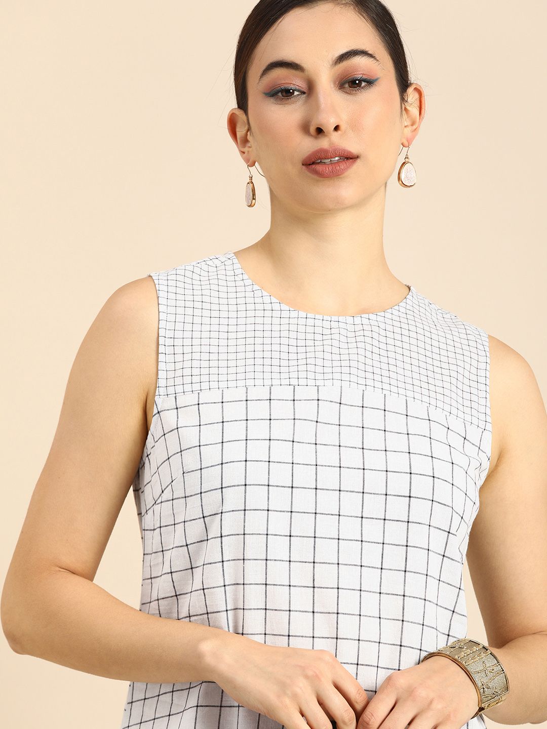 Anouk Women White & Black Checked Round Neck Kurta Price in India