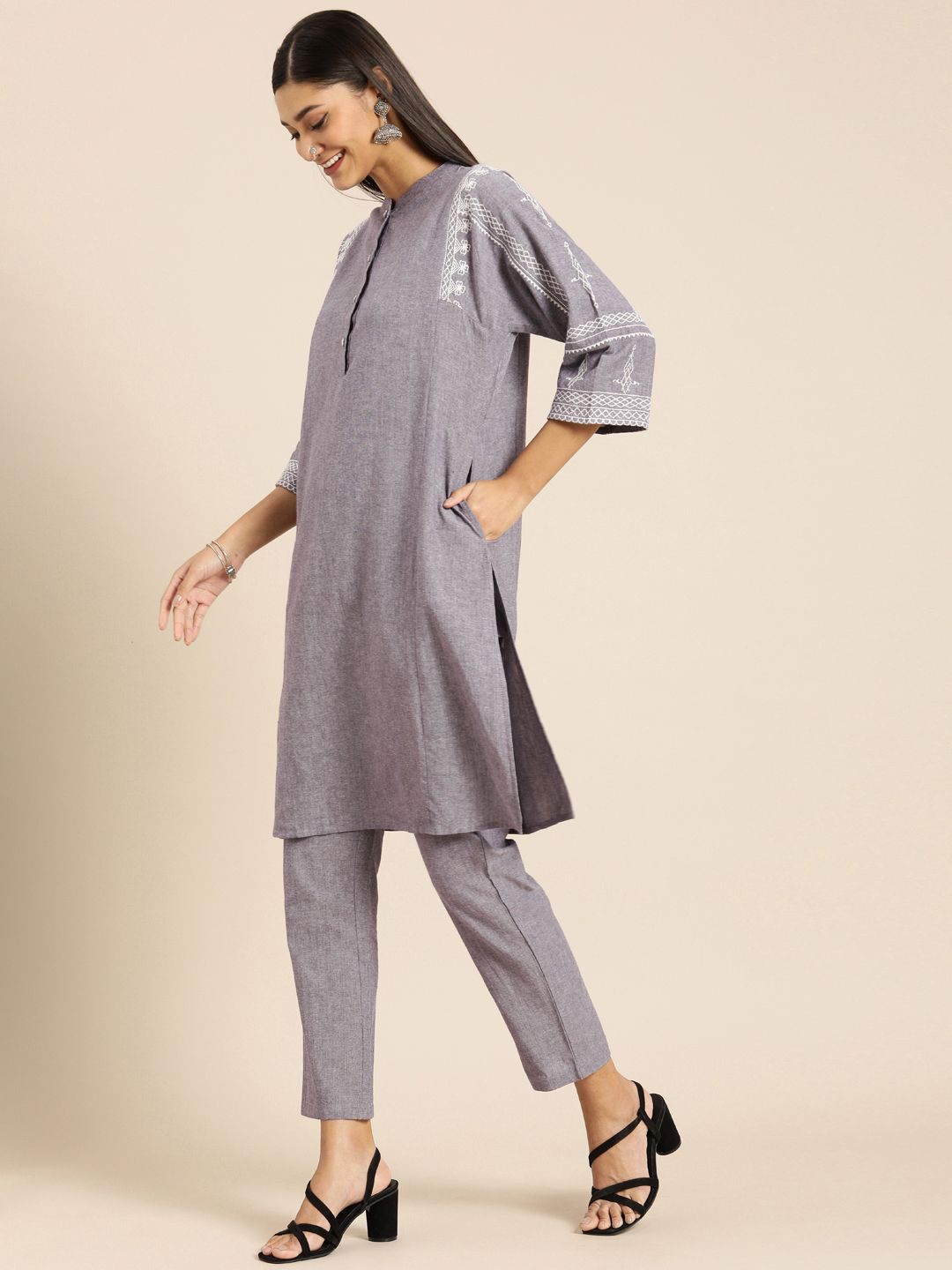 Anouk Women Grey Embroidered Pure Cotton Kurta with Trousers