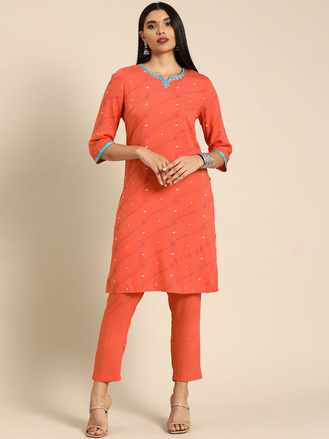 Anouk Women Orange Ethnic Motifs Embroidered Regular Thread Work Kurta with Trousers Price in India