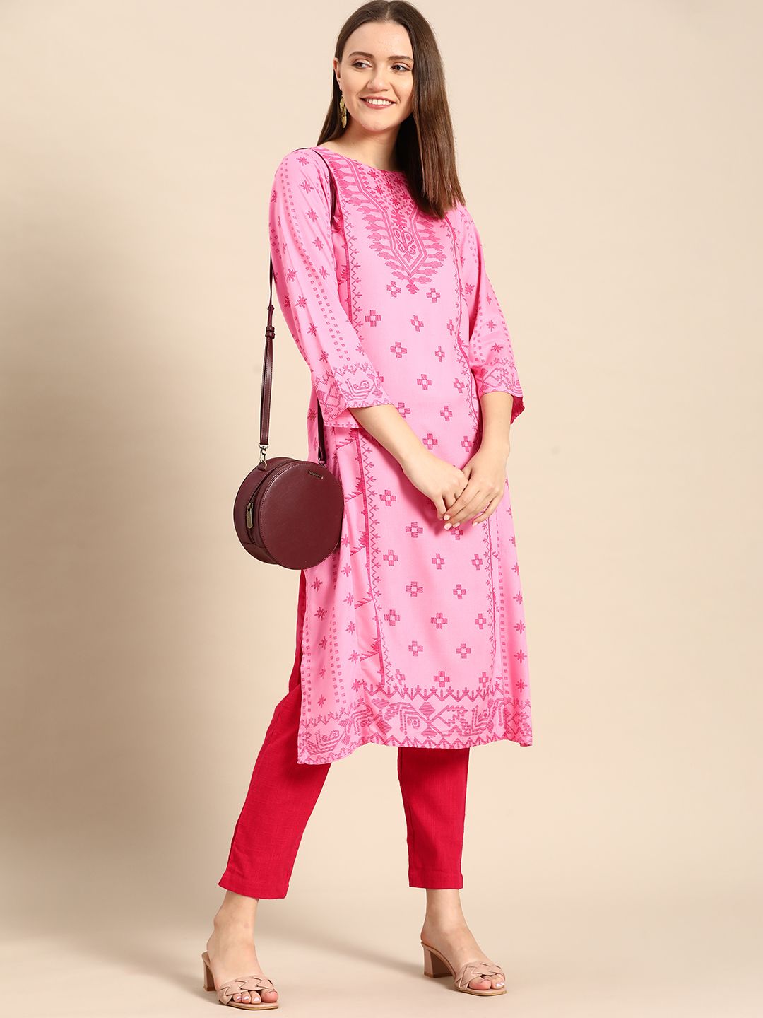 Anouk Women Pink Printed Pastels Kurta Price in India