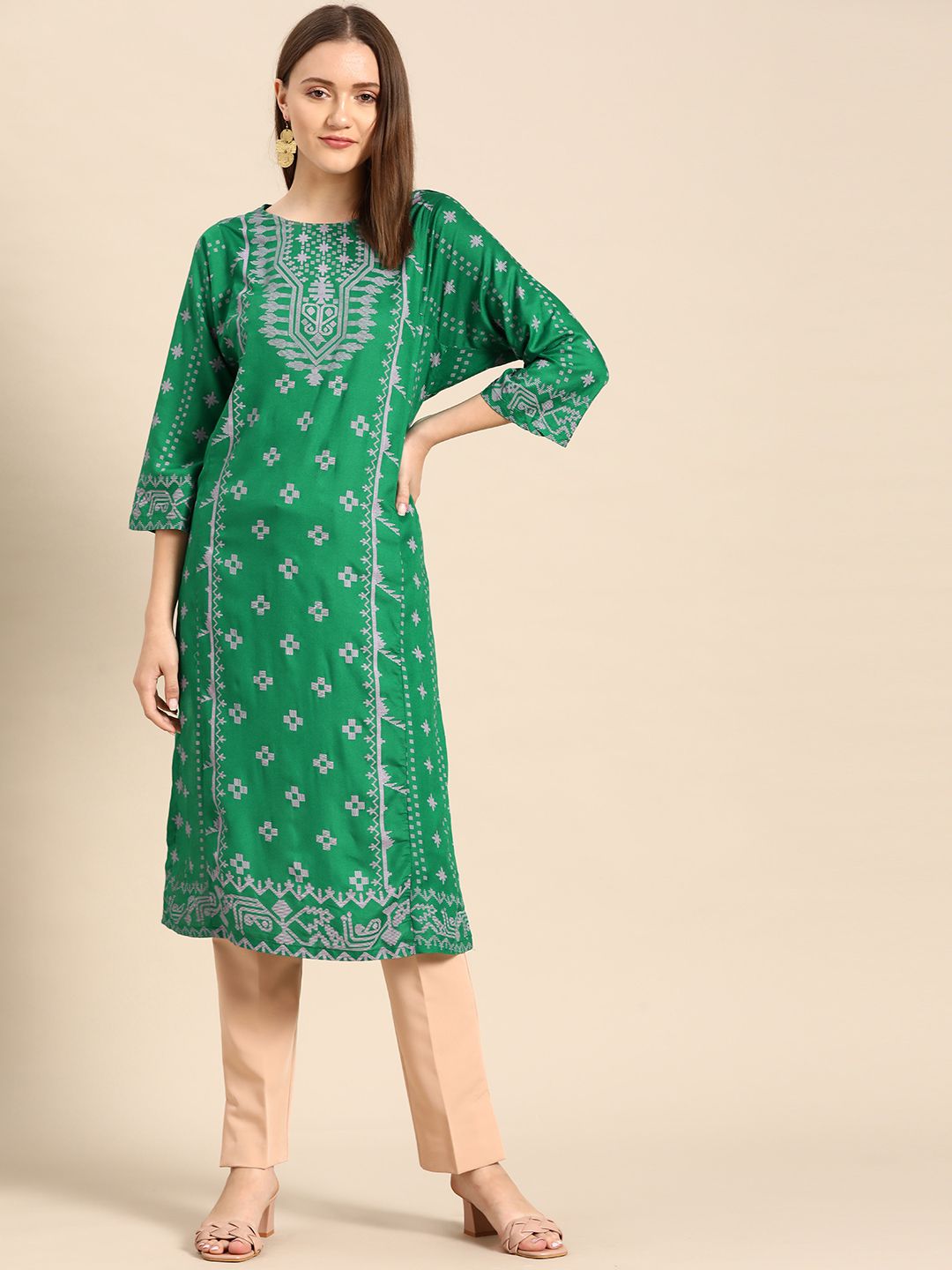 Anouk Women Green & Grey Printed Kurta Price in India