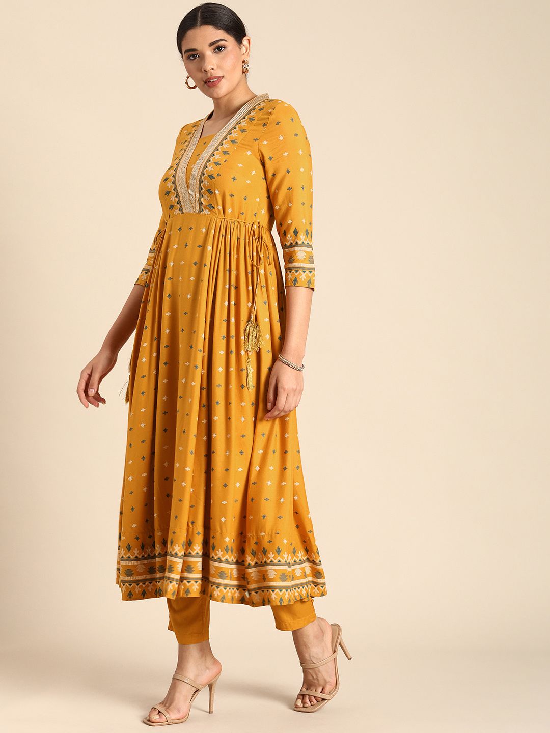 Anouk Women Mustard Yellow & Green Printed Pleated Kurta with Trousers Price in India