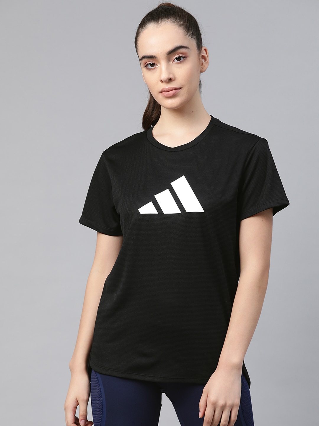 ADIDAS Women Black & White Brand Logo Print 3 Bar Logo T-Shirt Price in India