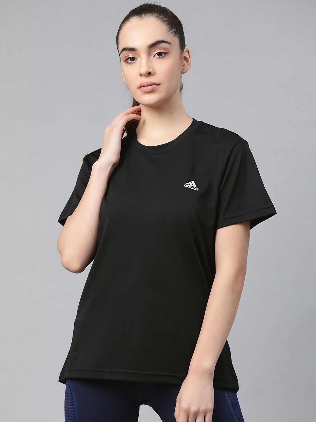 ADIDAS Women Black Solid Training or Gym T-shirt Price in India