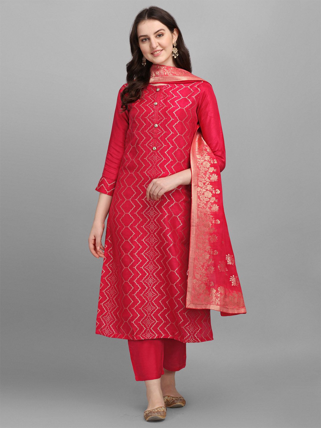 Seerat Women Red Printed Regular Straight Pure Silk Jacquard Kurta, Palazzos & Stole Price in India