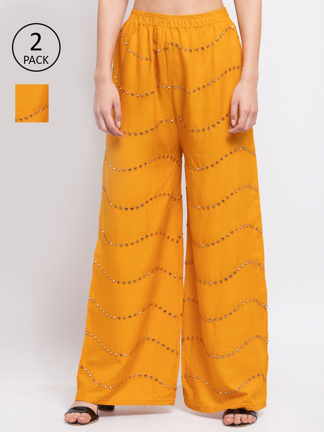 KLOTTHE Women Pack Of 2 Mustard Yellow Embellished Wide Leg Palazzos Price in India