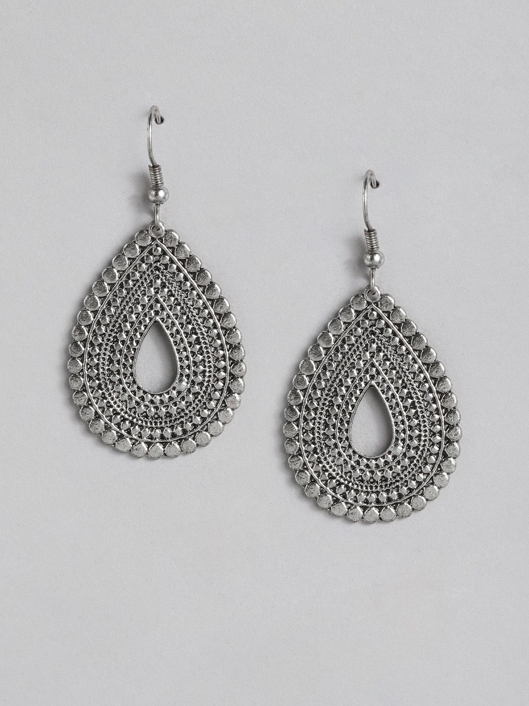 Anouk Oxidised Silver-Plated Textured Teardrop Shaped Drop Earrings Price in India
