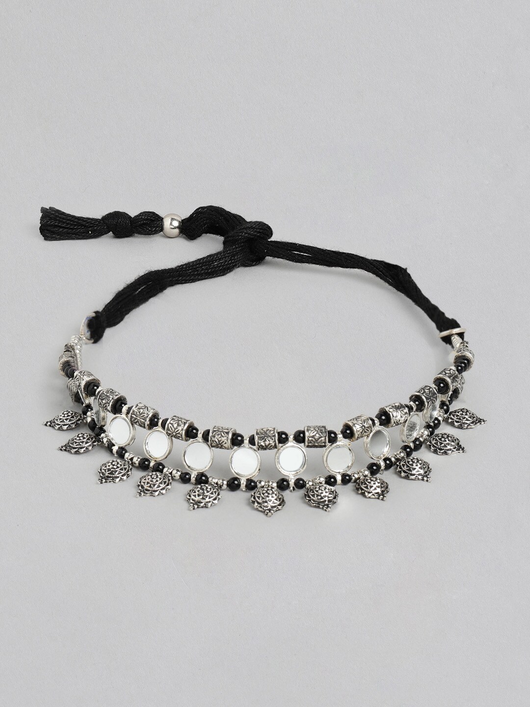 Anouk Oxidised Silver-Toned & Black Beaded Mirror Choker Necklace Price in India