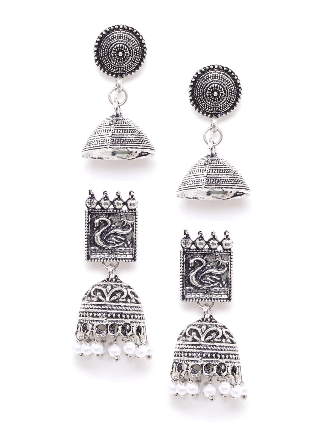 Anouk Set of 2 Oxidised Silver-Plated Textured Dome Shaped Jhumkas Price in India