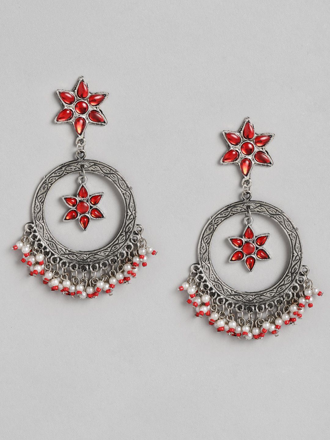 Anouk Red Oxidised Silver-Plated Stone-Studded Beaded Circular Drop Earrings Price in India