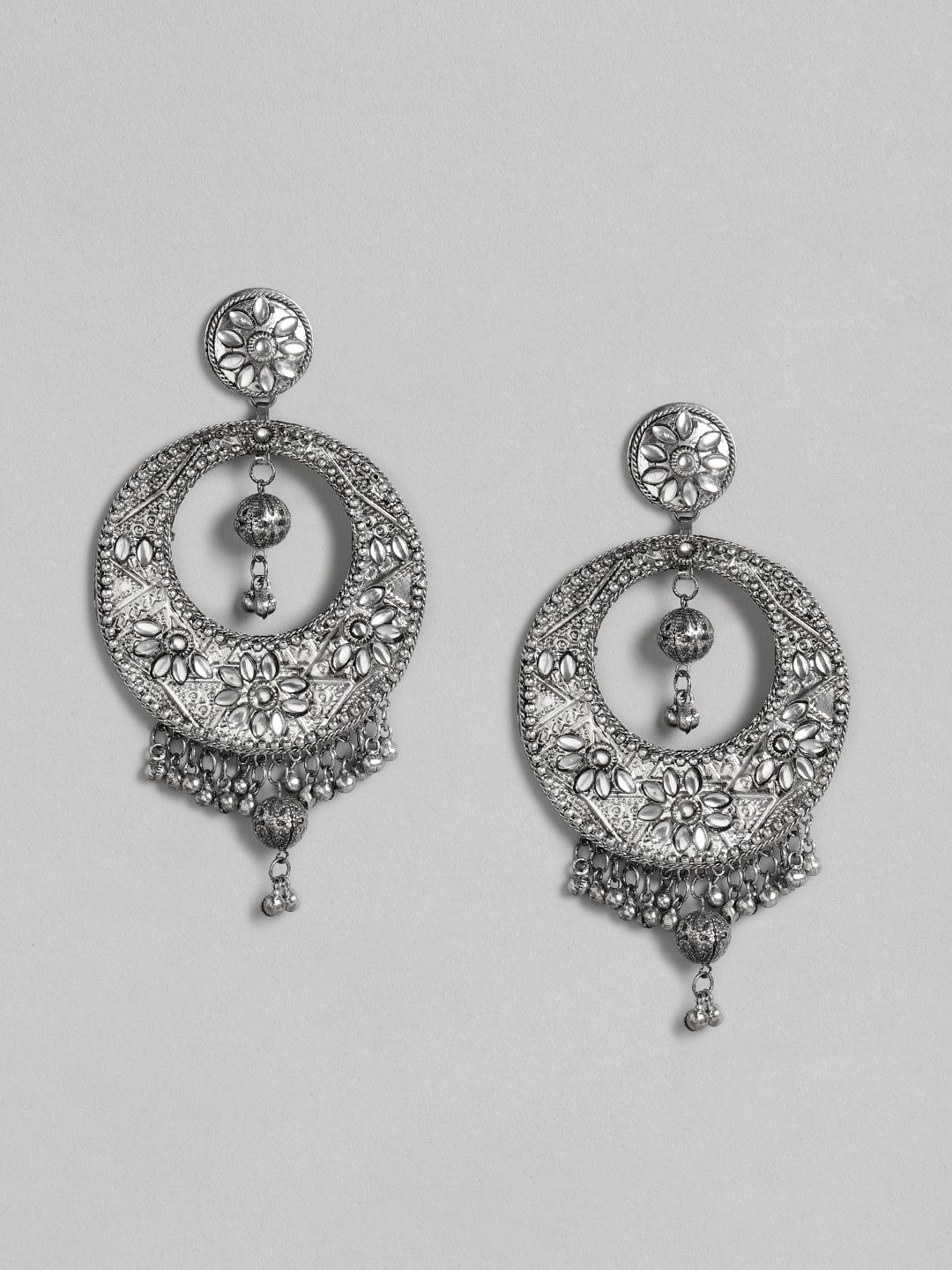 Anouk Oxidised Silver-Plated Textured Stone Studded Circular Chandbalis Price in India