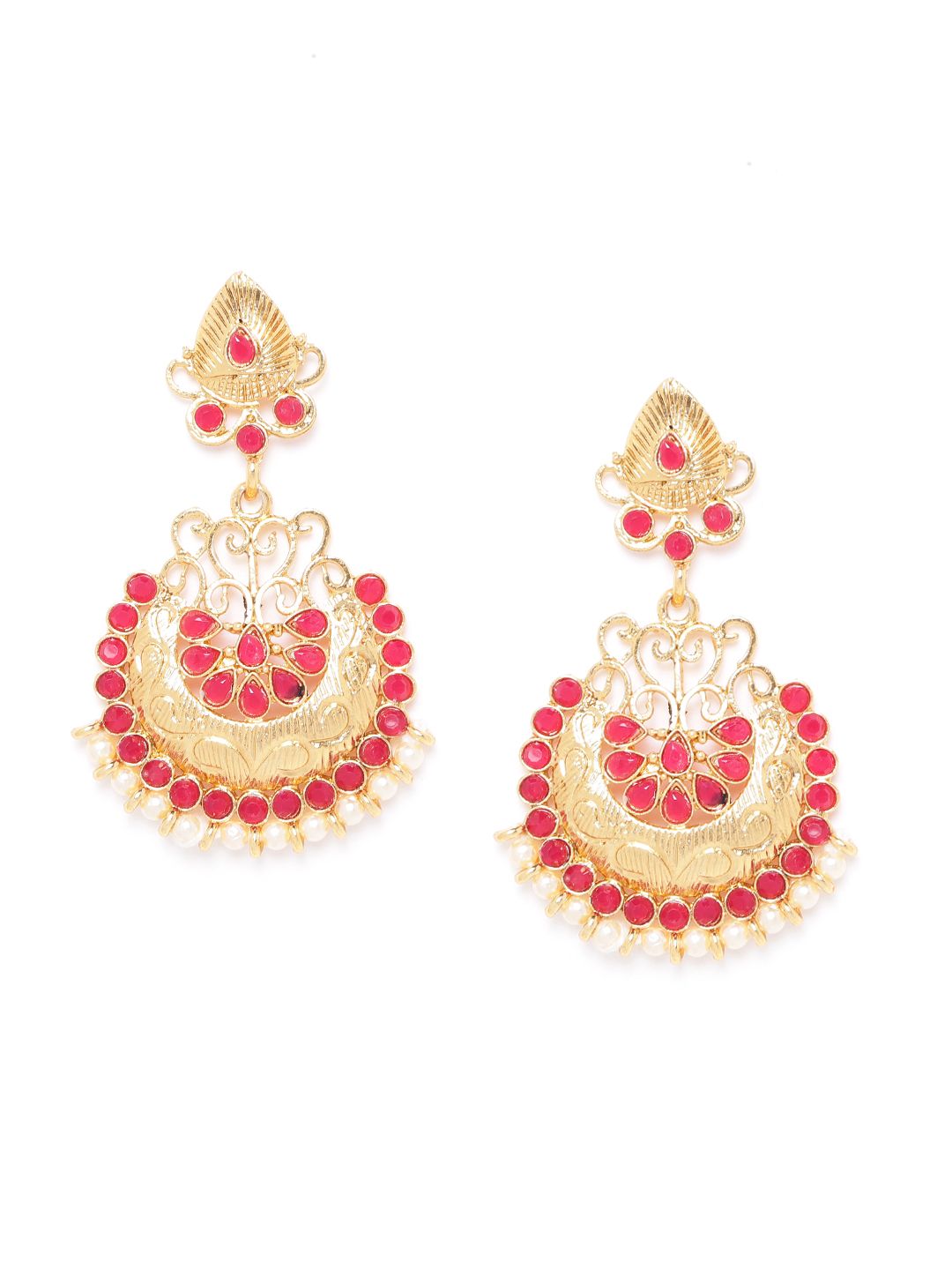 Anouk Pink & Off-White Gold-Plated Stone-Studded Beaded Crescent Shaped Chandbalis Price in India