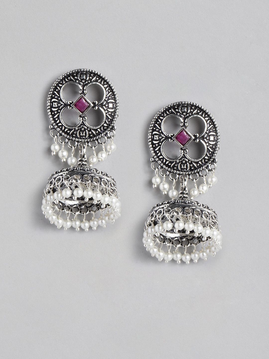Anouk White Oxidised Silver-Plated Beaded & Stone-Studded Textured Dome Shaped Jhumkas Price in India