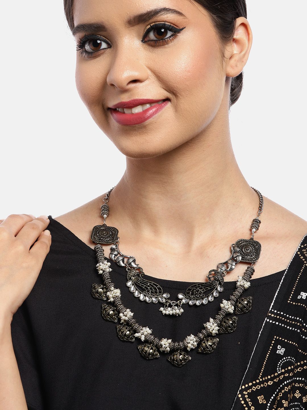 Anouk Silver-Toned & Gold-Toned Oxidised Antique Studded & Beaded Layered necklace Price in India