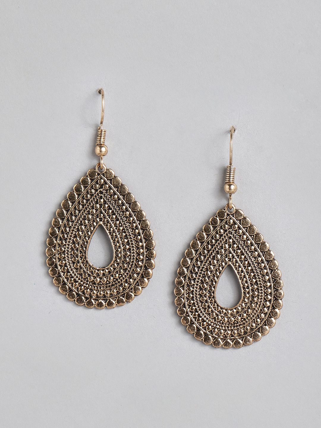 Anouk Antique Gold-Plated Textured Teardrop Shaped Drop Earrings Price in India