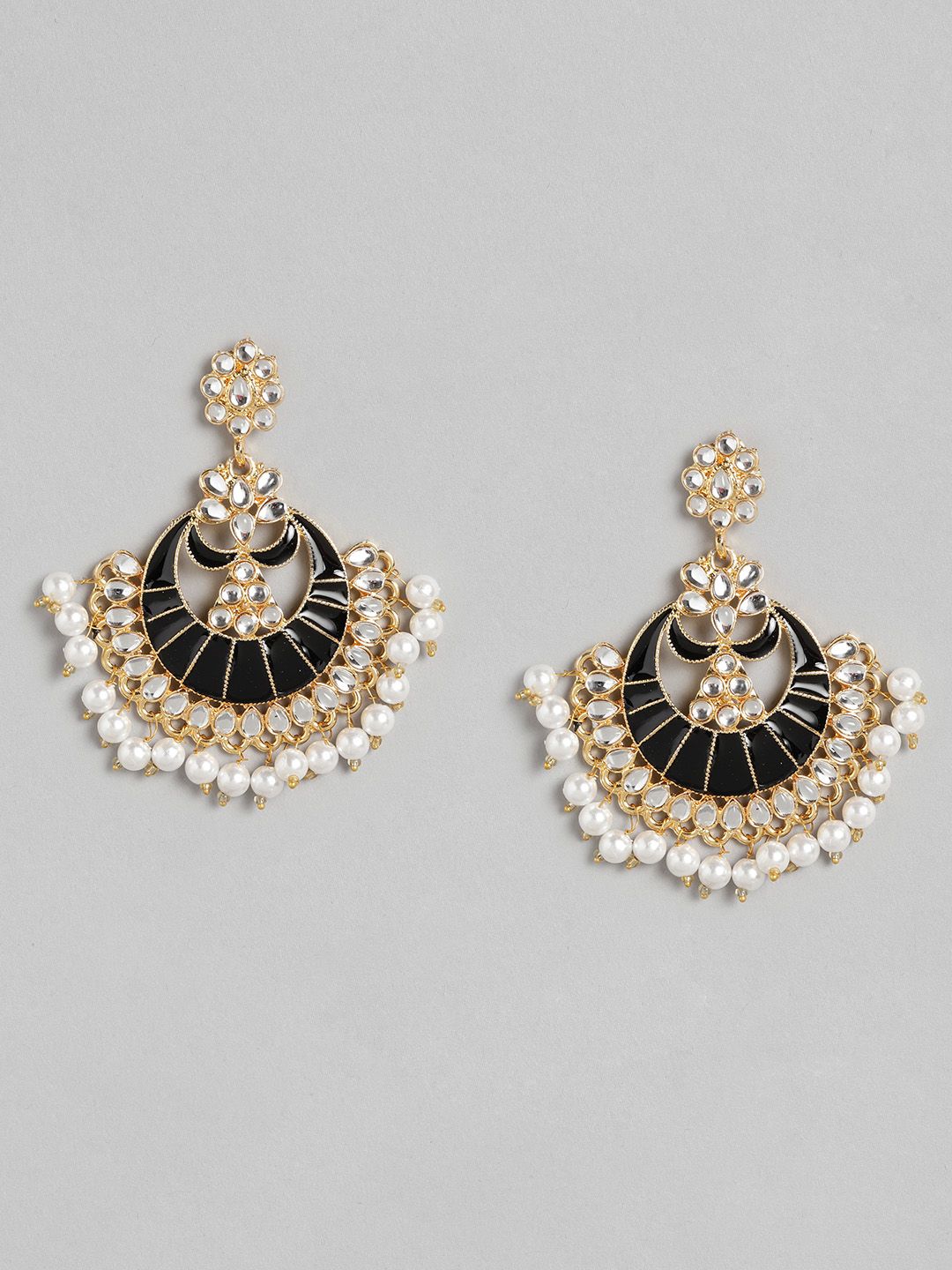 Anouk Black & Off-White Gold-Plated Stone Studded Crescent Shaped Enamelled Chandbalis Price in India