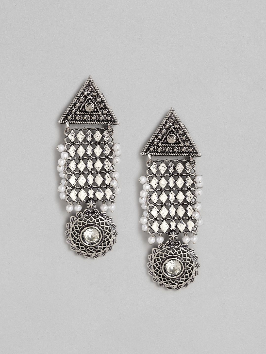 Anouk Off-White Oxidised Silver-Plated Beaded Classic Drop Earrings Price in India