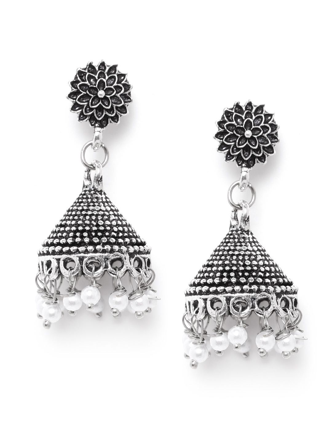 Anouk White Oxidised Silver-Plated Textured Dome-Shaped Jhumkas Price in India