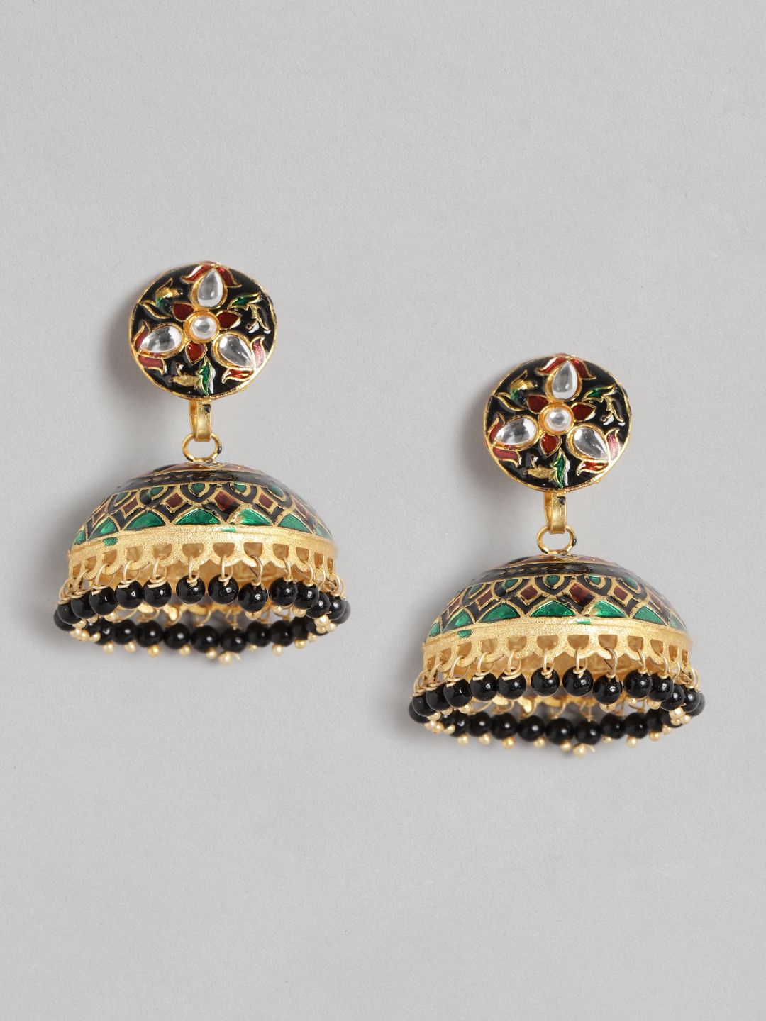 Anouk Green & Black Gold-Plated Stone Studded & Beaded Enamelled Dome Shaped Jhumkas Price in India