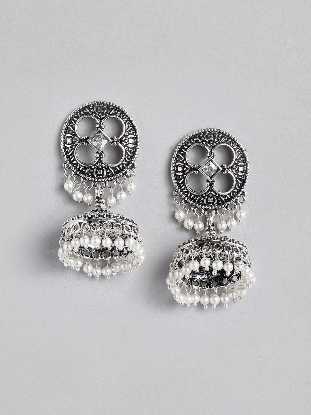 Anouk White Oxidised Silver-Plated Beaded & Stone-Studded Textured Dome Shaped Jhumkas Price in India