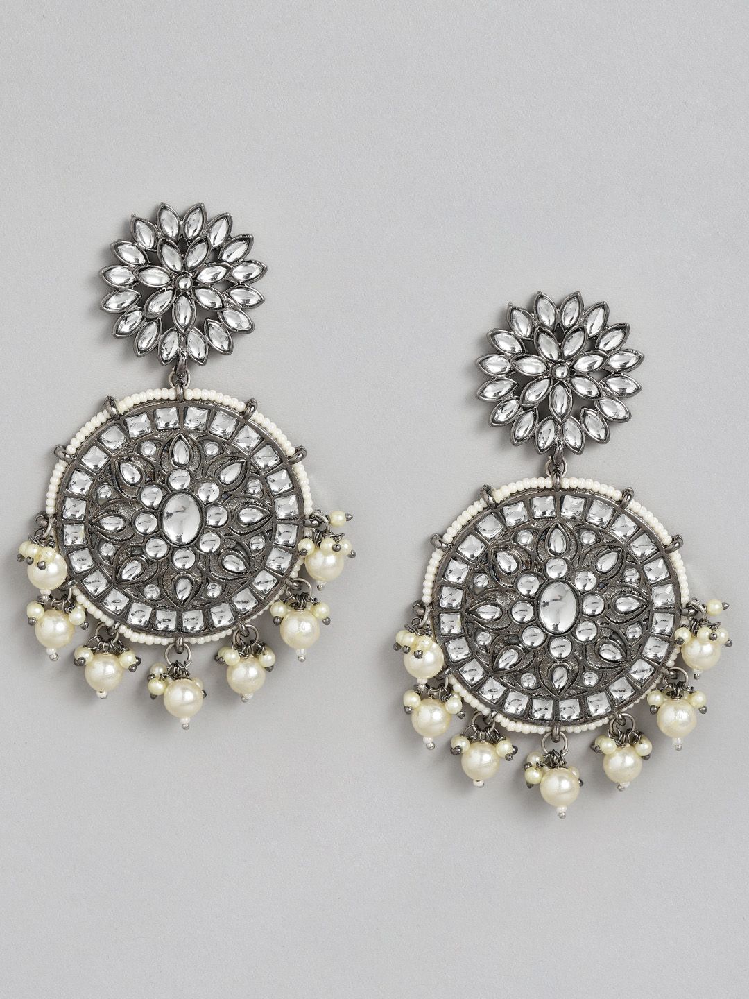 Anouk Oxidised Silver-Toned & Off White Stone Studded & Beaded Circular Drop Earrings Price in India