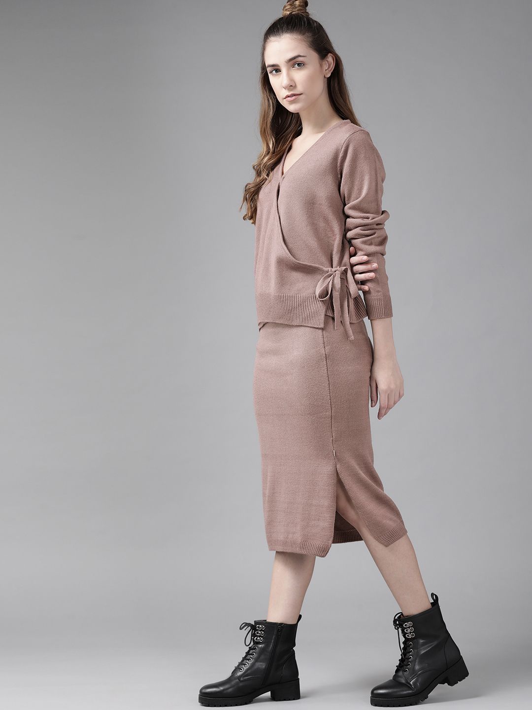 Roadster Women Mauve Solid Knitted Midi Co-Ordinate Sets