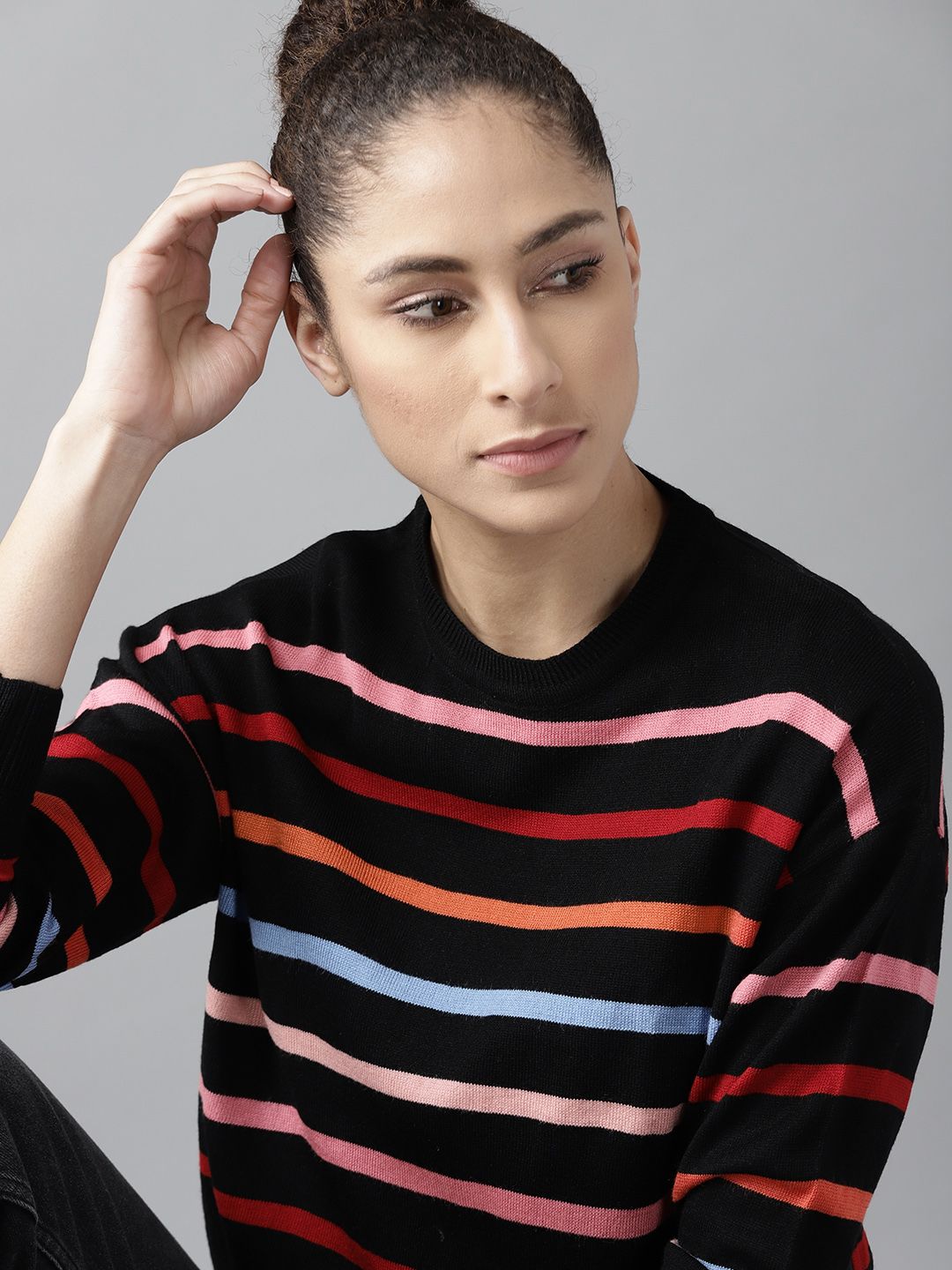 Roadster Women Black & Red Striped Pullover Price in India