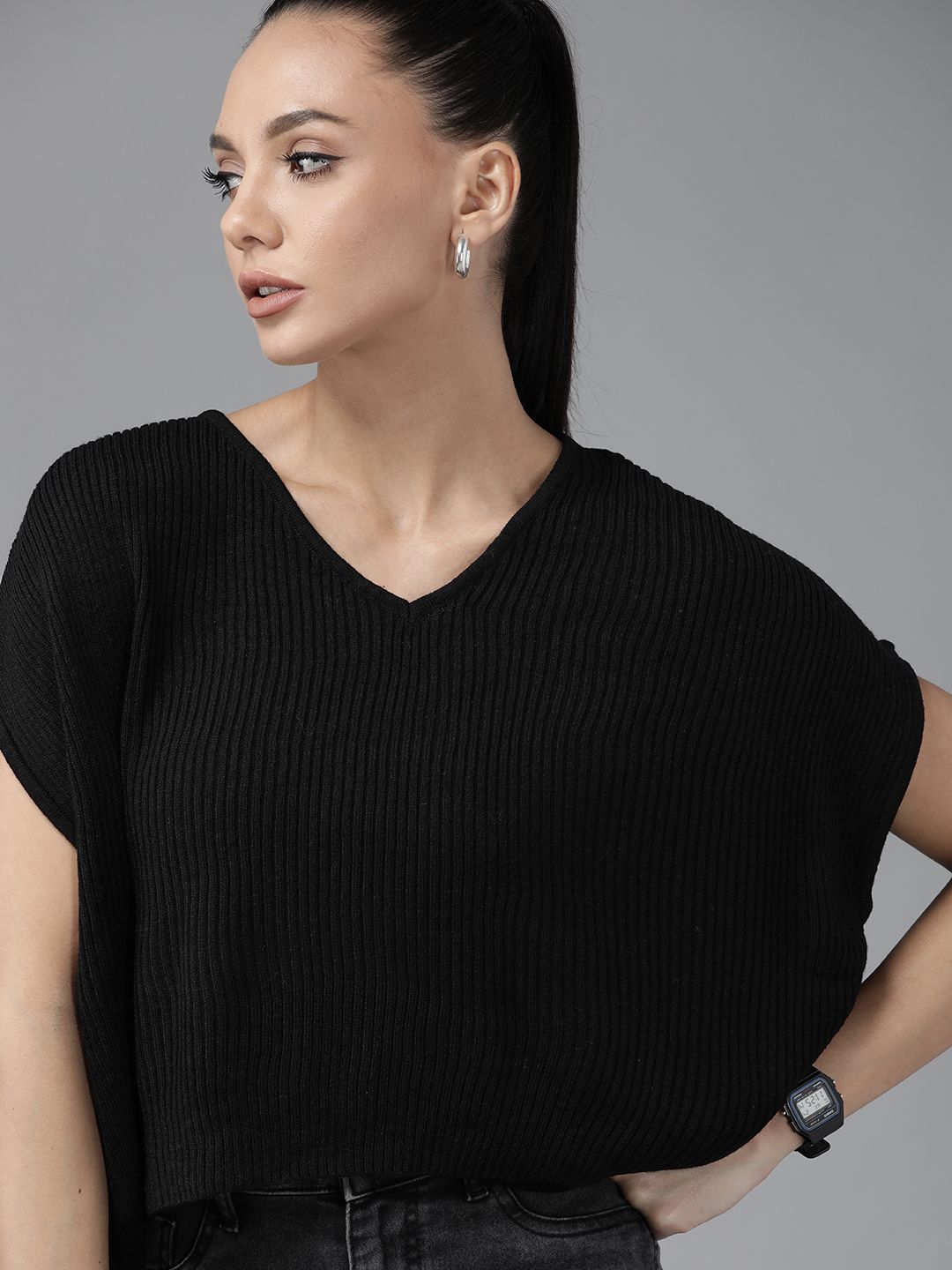 Roadster Women Black Ribbed Crop Pullover Price in India