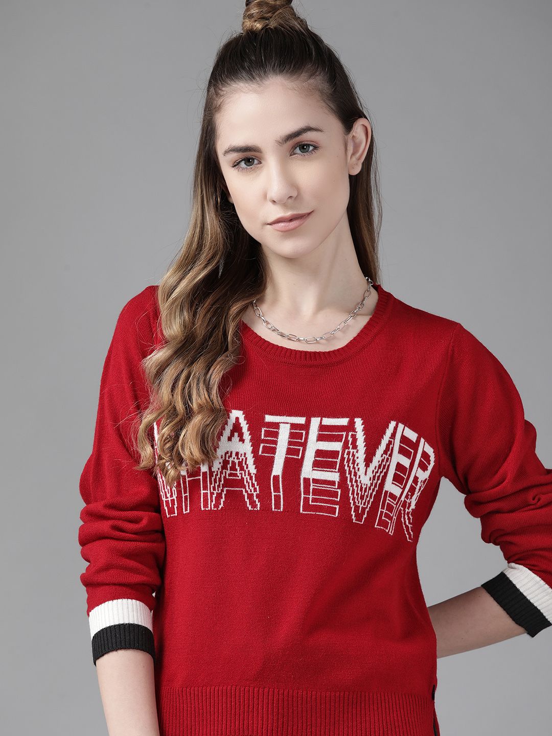 Roadster Women Red & White Typography Printed Pullover Price in India