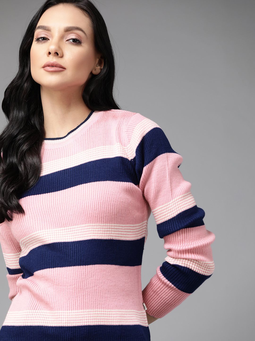 Roadster Women Pink & Navy Blue Acrylic Striped Pullover Price in India