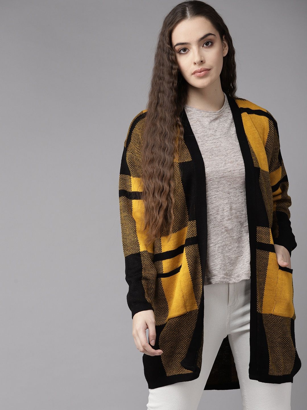 Roadster Women Black & Mustard Geometric Self Design Acrylic Longline Front-Open Sweater Price in India