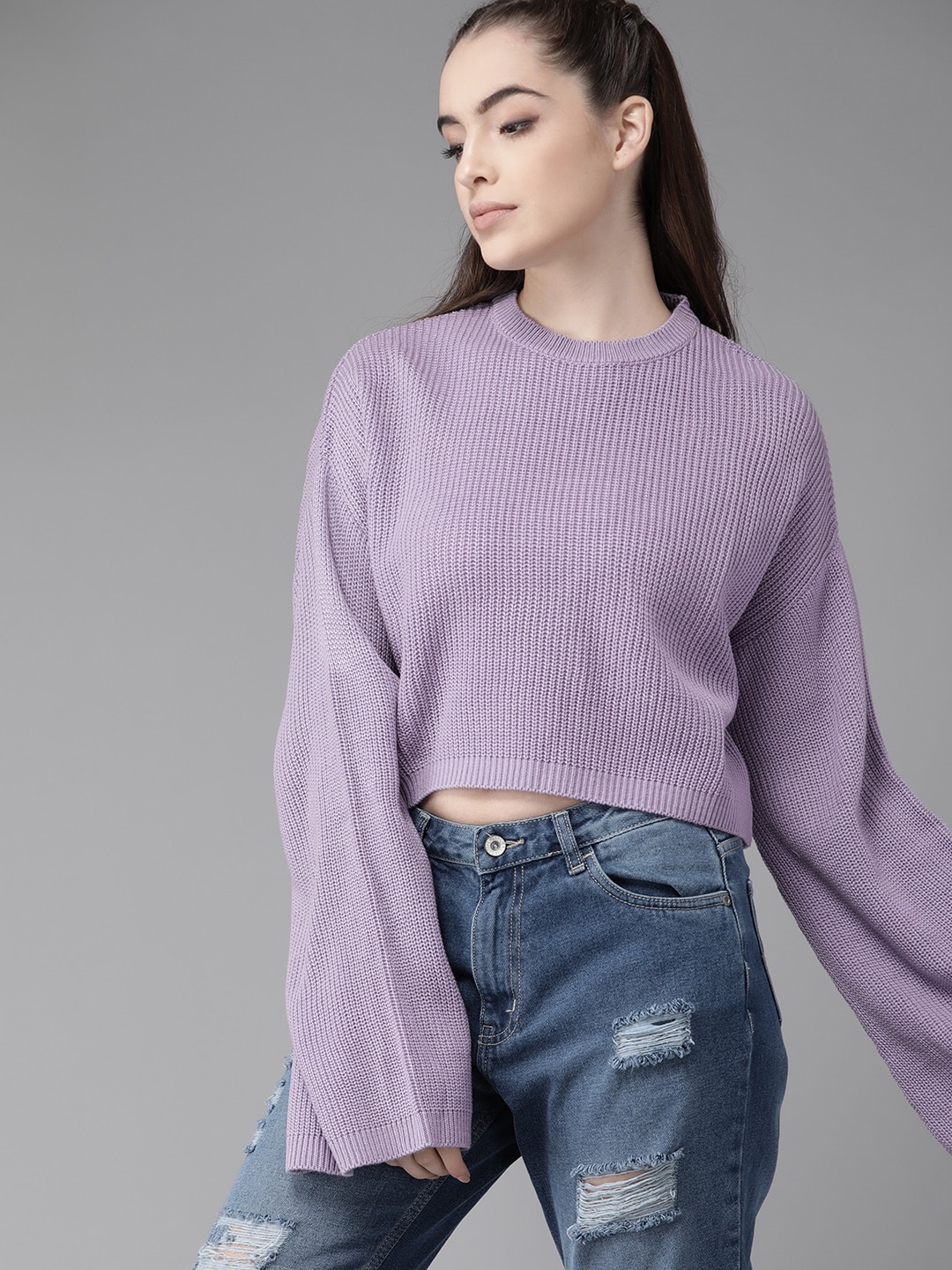 Roadster Women Lavender Solid Crop Pullover Sweater Price in India