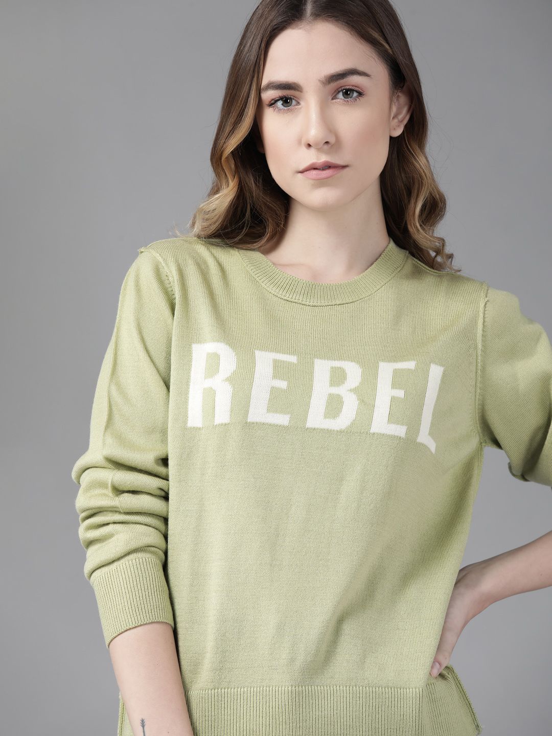 Roadster Women Green & Off White Acrylic Typography Pullover Price in India