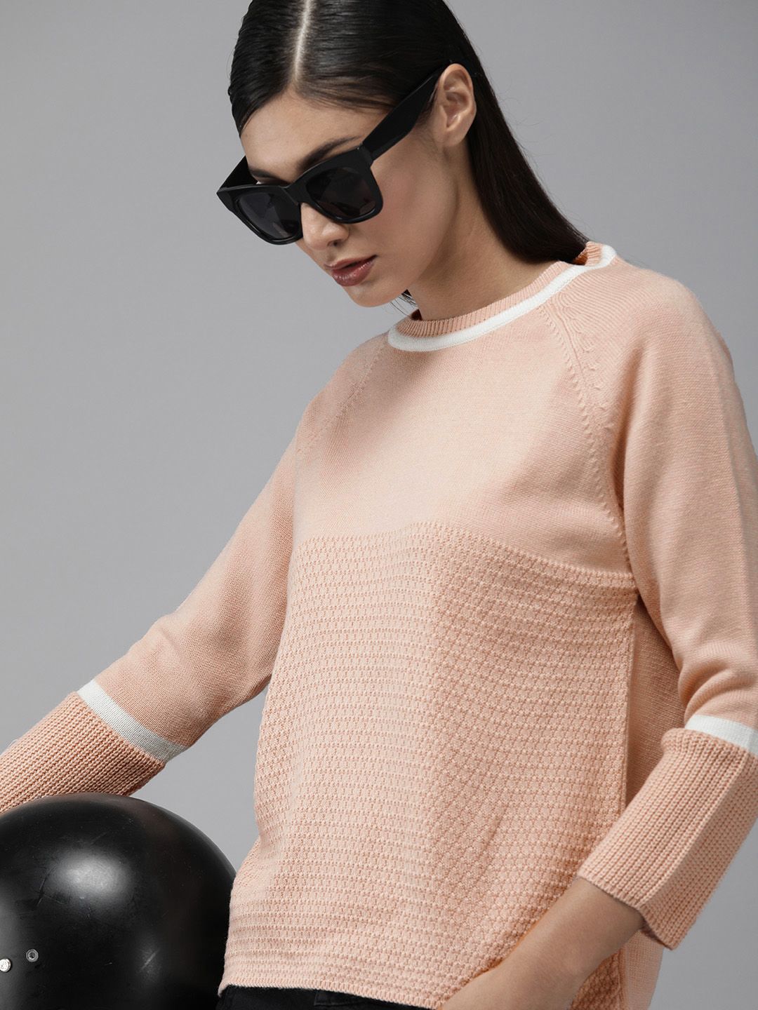 Roadster Women Rose & White Self Design Pullover Sweater Price in India