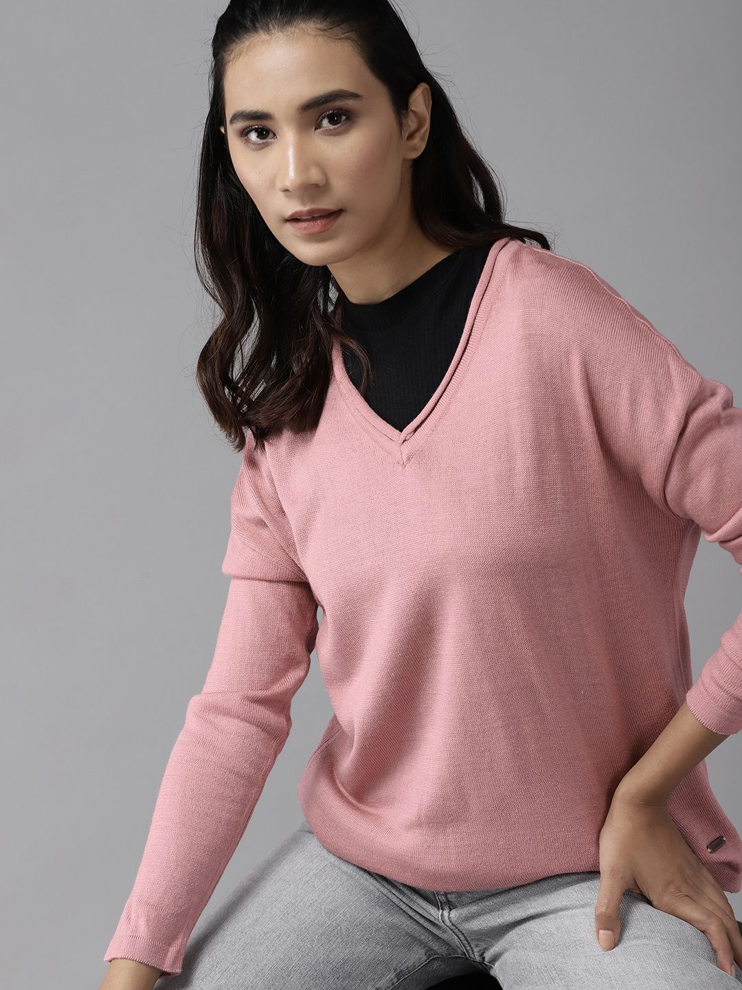 Roadster Women Pink Solid Pullover Sweater Price in India