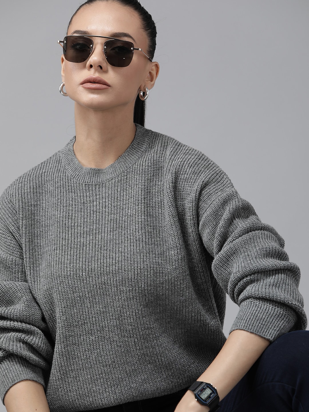 Roadster Women Grey Ribbed Pullover Price in India