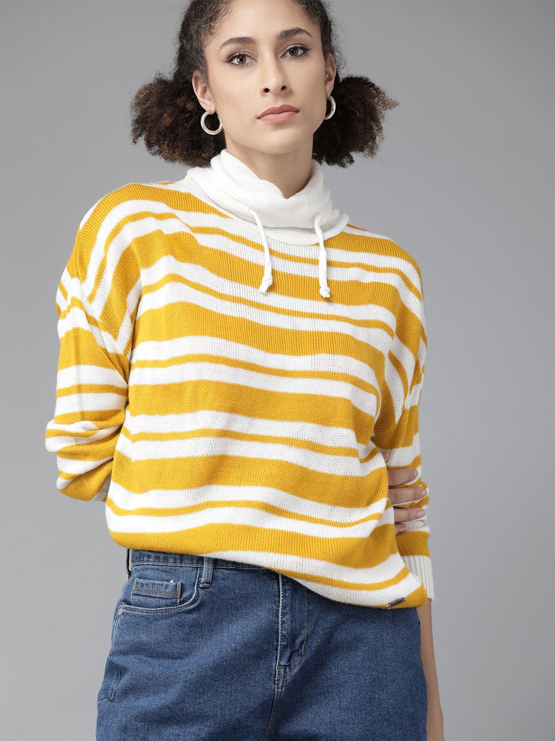 Roadster Women Yellow & White Striped Pullover Price in India