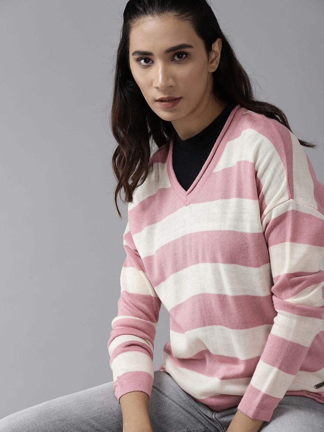Roadster Women Pink & Off White Striped Pullover Sweater Price in India