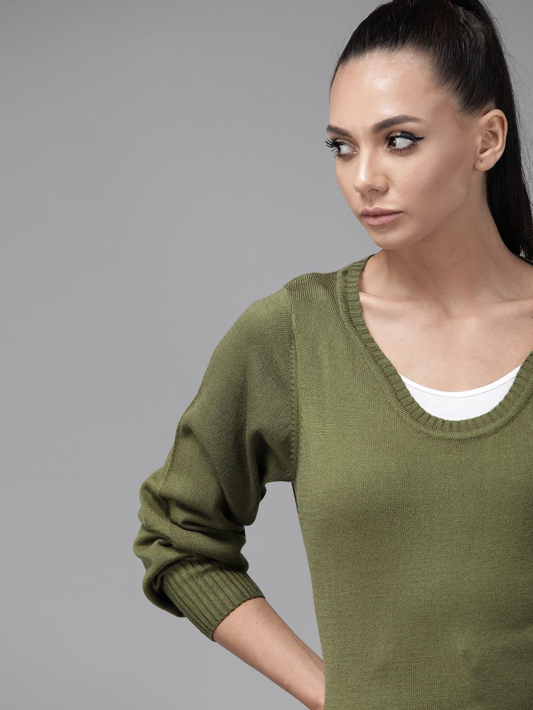 Roadster Women Olive Green Pullover Sweater Price in India